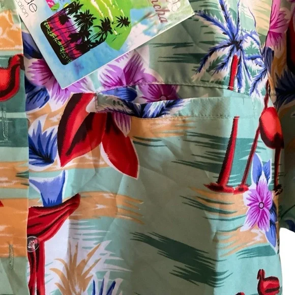 Hawaiian Green and Red Notched Collar Button Down Shirt - Picture 5 of 9